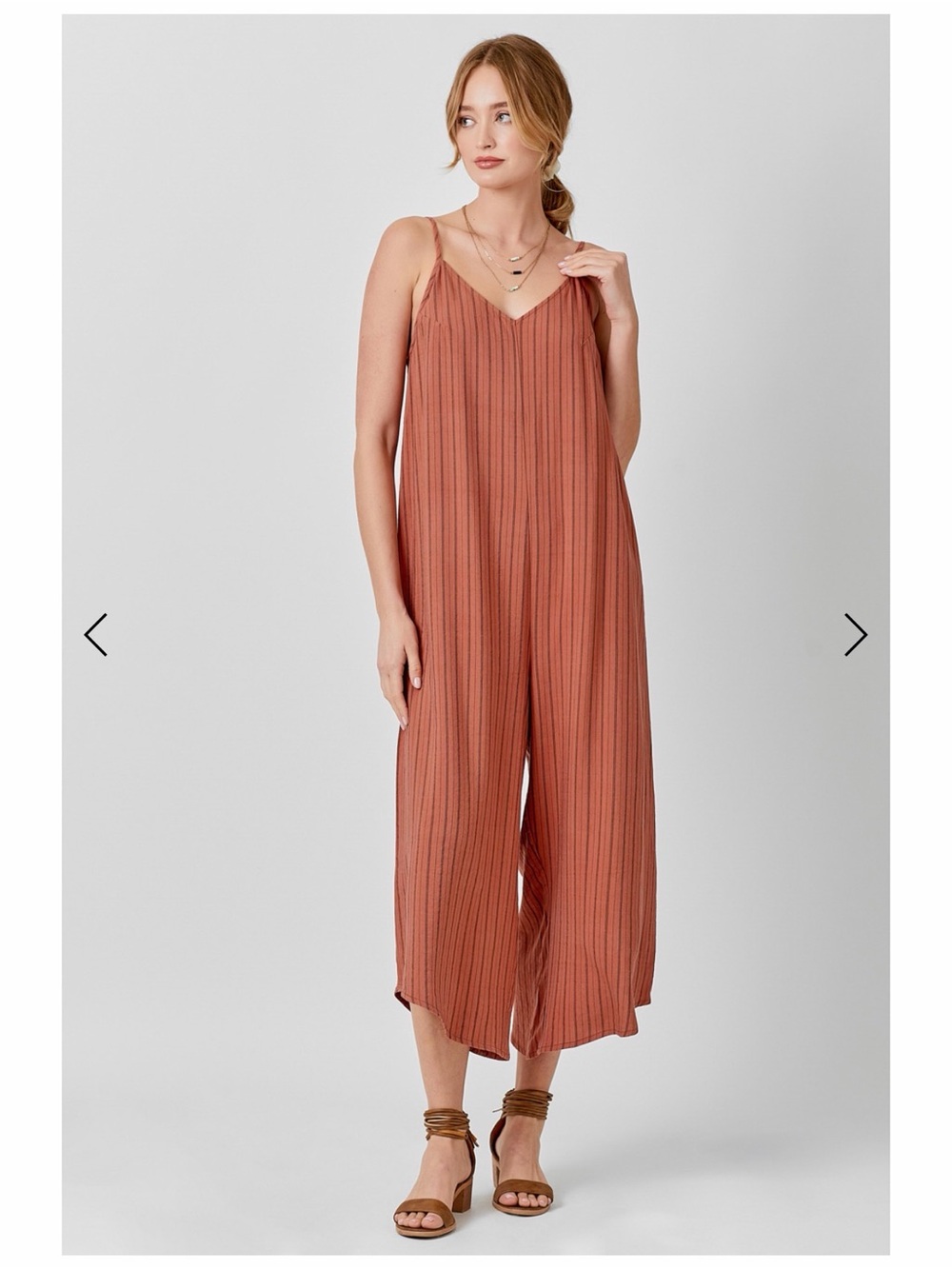 NWT Mystree Rust Terracotta Pinstripe Linen Blend Wide Leg Jumpsuit Adjustable